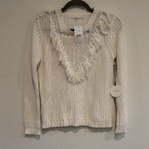 Tularosa Cream Fringe V-Neck Open-Knit Sweater